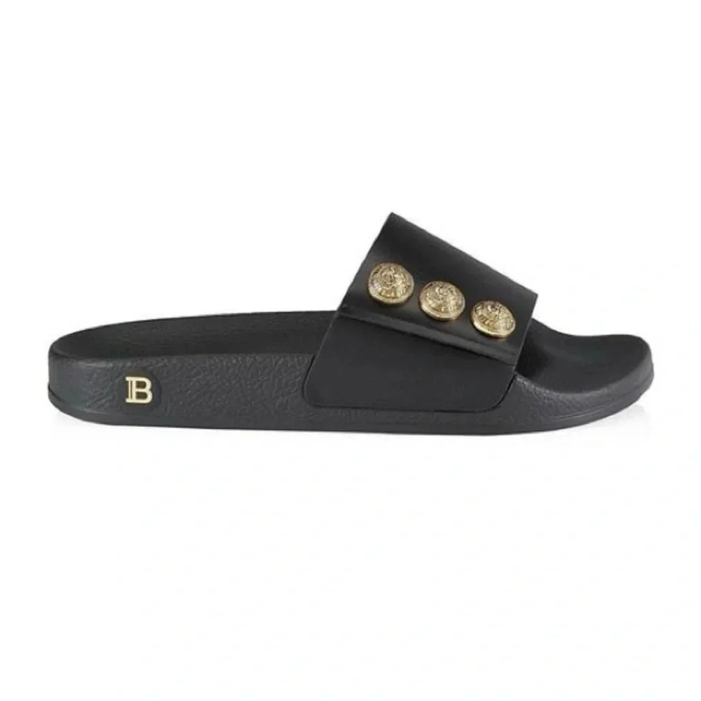New in Box Balmain Symi Slided Leather Button Shoes Sandals Smooth Black Gold - Picture 6 of 15
